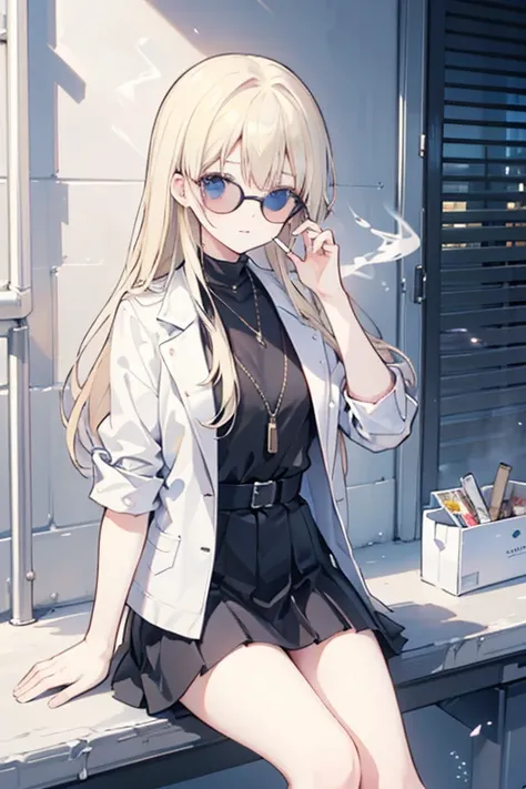  top quality， best image quality， greatest masterpiece，4K， blonde，Black Eyes， blue eyes want this， with long hair ， I'm wearing round slightly smaller sunglasses， black sunglasses，I smoke far away ，Bring me a cigarette，cigarette，白いcigaretteがあたりを漂う，Clothes ...