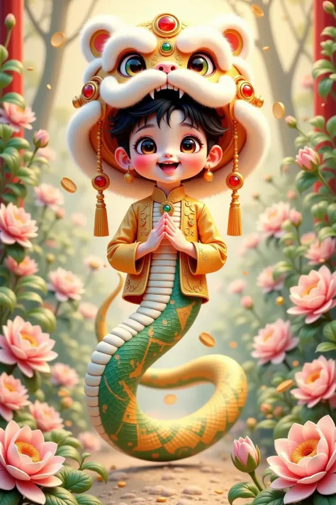 ( masterpiece,  highest quality:1.2), 1cute Snake boy ,  alone， dancing lion hat，flower，gold