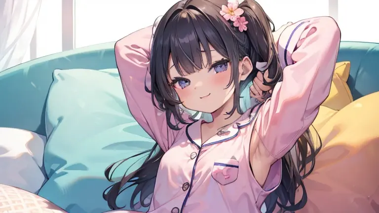  Masterpiece,  top quality, 
 1 girl,,  black hair、 twin tails、Waking up、 cute,  cute pajamas
([Sleepy eyes: 1.2), (Yawning: 1.2), ( arms raised: 1.4),  sitting in bed,