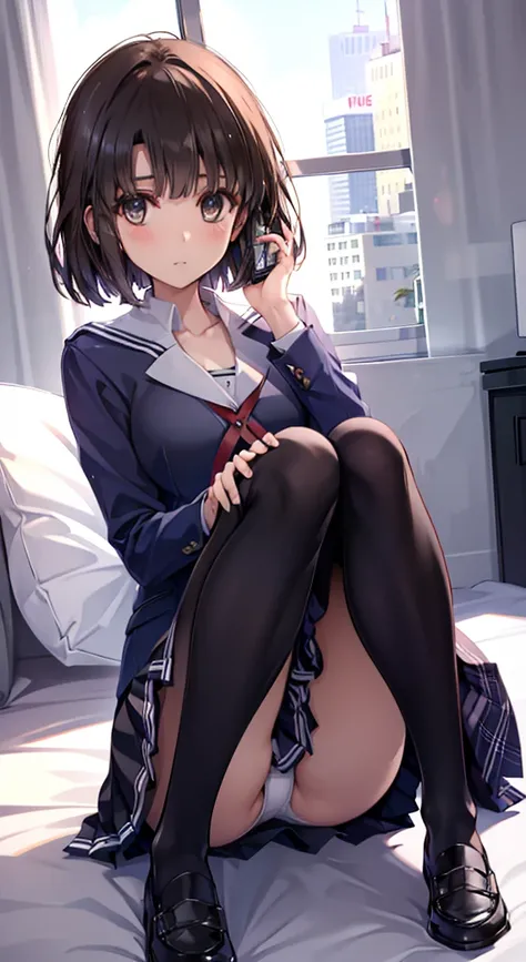  top quality,  Masterpiece,  high resolution, ( head to toe full body), Front , Front やや下からの構図, Symmetric, Tall 18 year old girl,  alone, ( head to toe), ( small breasts),  Messy brown hair , bangs, ( black tights), ( black pantyhose ), ( sit with legs ope...