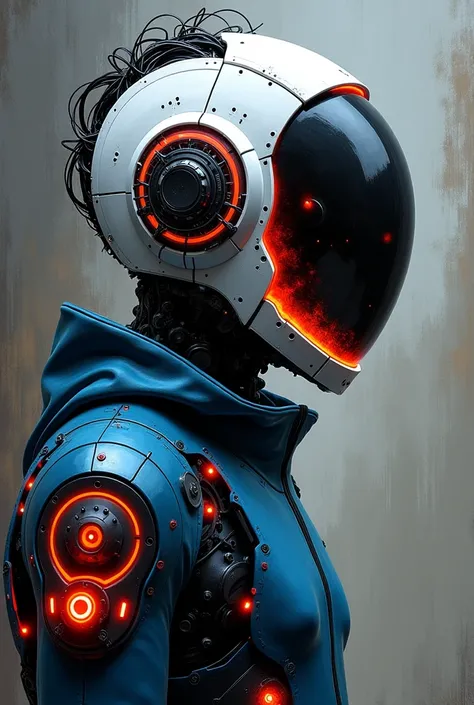 "Create an expressionist painting of a futuristic helmet robot with a striking, intricate cybernetics monkey mask featuring mechanical details and a unique hairstyle. urban style. Use bold, expressive brush strokes to evoke emotion, incorporating a palette...