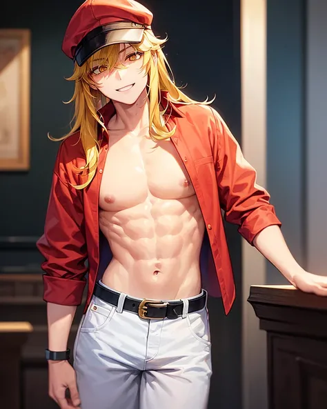 1boy, orange eyes, yellow hair, long hair, blue jeans, shirtless, chest hair, black belt, looking at viewers, nipples, smile, red cap, blue wristband,