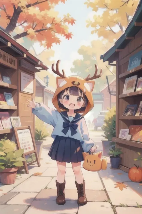 (     TOP QUALITY , portable ,     very detailed ),    girl  ，deer，    ピンクのふわふわのhair \(\),    hair,      short bob cut    ,     thick eyebrows ，     Long Sleeve Sailor Suit     ，     pleated skirt，     light blue ribbon     ，    brown boots   ，deerの角，Autum...