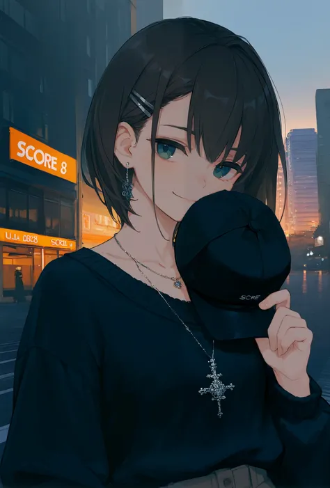 masterpiece, best quality, 8k, highres, ultra-detailed,HDR, UHD, professional,
illustration, best quality, 1girl,earrings, necklace, hair clip, holding hat, gentle smile, modern fashion, urban background