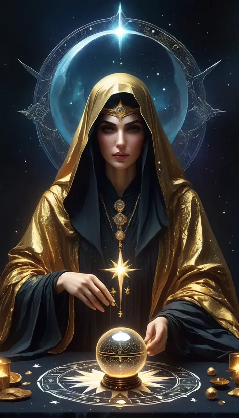 Magnificent Tarot, A robed astrologer sits quietly at a table covered with symbols，Holding a crystal star ball in hand, There is arabic text at the bottom of the card, fit snugly on face, Tarot, Very high texture quality, Front and sides, Full of mysteriou...