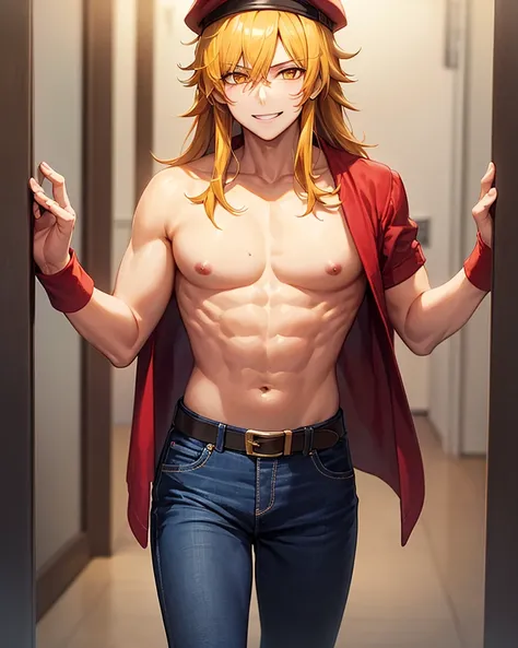 1man, orange eyes, yellow hair, long hair, blue jeans, shirtless, chest hair, black belt, looking at viewers, nipples, smile, red cap, blue wristband,standing, 