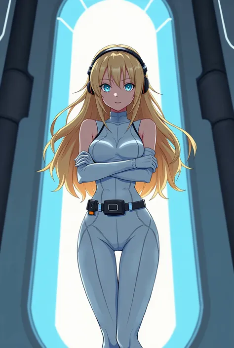 anime girl, long blonde hair with bangs, blue eyes, white futuristic bodysuit, sleeveless, long white gloves, curious face, anime illustration, anime, woman, headphones, belt around hips with tiny monitor, expressionless face, standing in front of an entra...