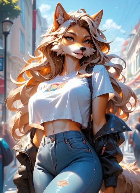 comistyle, absurdres, highly-detailed, best quality, masterpiece, very aesthetic, 1girl, anthro, furry, wolf woman, large breasts, crop top, jeans, street background
