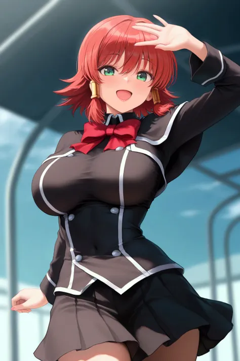 1girl, ruquia (quiz magic academy), solo, looking at viewer, cowboy shot, red hair, short hair, green eyes, smile, lips, open mouth, arm up, dress, red bow, black skirt, large breasts, masterpiece, best quality, good quality, amazing quality, very aestheti...