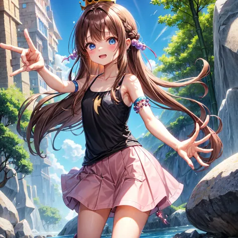  pink brown brown hair、  blue eyes、  Has hair tied  、Two cute people、  check mini skirt、  black t-shirt 、 Light clothing、  tank top、  camisole、 high socks、 Boots、Teeth are visible、The stone is cracked、  The Road Is Crooked 、Mountain々、fog、 moon、  shooting s...