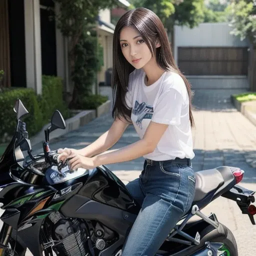 motorcycle, Kawasaki Z1000MKII, white t-shirt, denim, riding on road, energetic, ((masterpiece)), ((best quality)), (ultra-detailed), ((beautiful eyes)), Japanese female, (slender:1.3), ((30 years old)), beautiful,