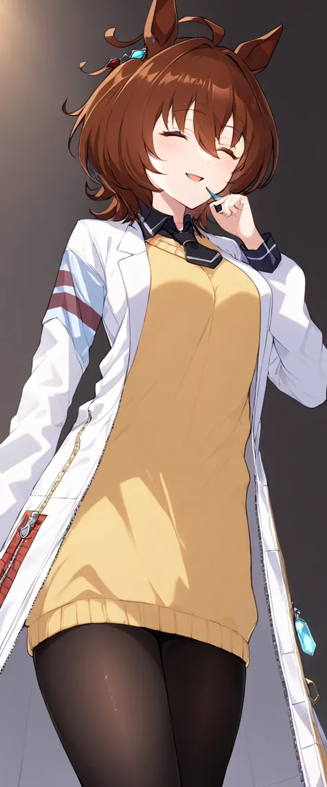 ( Masterpiece)、( top quality)、 high resolution、( very delicate and beautiful )、( very detailed)、solo、agens tachyon \(Uma Musume\) teeth、 earrings on one side 、Long sleeve up to the wrist 、 collared shirt 、 yellow sweater vest 、 black short tie 、 white open...