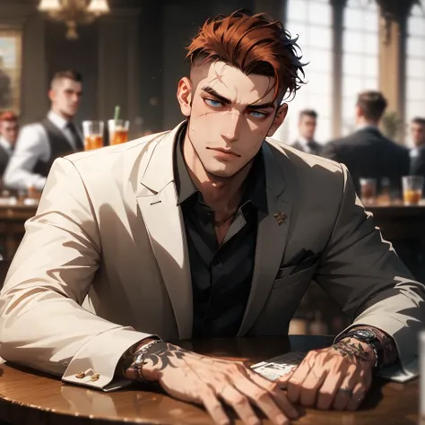 (Masterpiece), best quality, highest quality, highly detailed CG unity 8k wallpaper, original, high resolution, (depth of field: 1.5), fidelity: 1.3, solo focus, 1guy, male, well built, mafia style suit, mature, stubble, dark auburn hair, dark blue eyes, d...