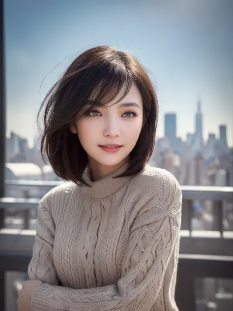 ((( brown, Shoulder length,  straight short bob taken by someone)))、((( with the New York skyline in her background 、 pose like a model in a beauty salon。.)))、(((Casual black long sleeve winter clothing)))、Half Japanese、Half Korean 、  18 year old girl 、ind...