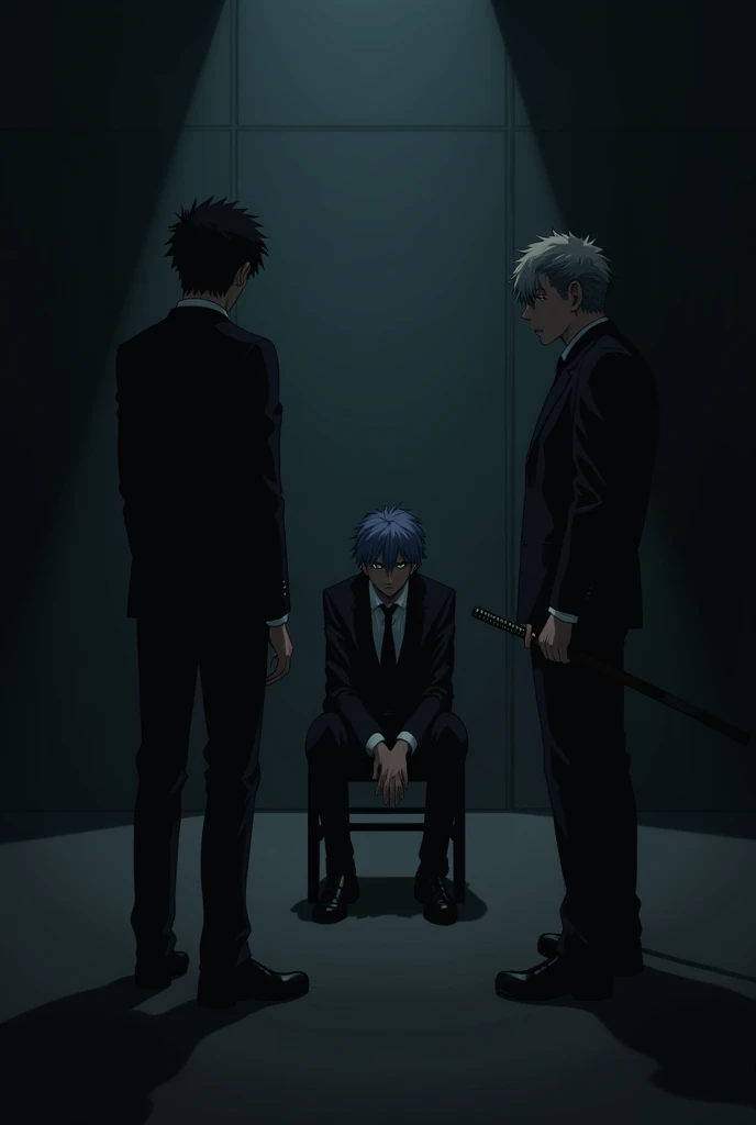 Dark atmosphere,one guy tied in a chair, in a dark room, 2 guys with black suits, one unsheating katana, one standing still, they're watching the guy on the tied in a chair, anime