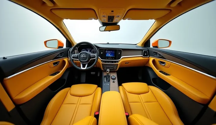 for interior 

"A luxury New 2025 Volvo S60  yellow   color interior captured in a pristine white showroom, highlighting the opulent cabin design. The shot focuses on the premium leather seats, advanced dashboard, state-of-the-art infotainment system, and ...