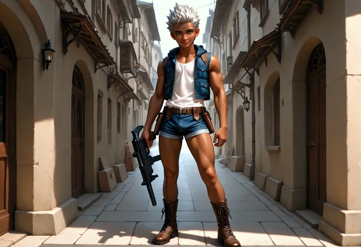 1boy, shota, muscular, dark copper tan skin, solo, silver hair, short spiked hair, (white sleeveless jacket with pocket:1.5), body belt, short pants, green eyes, submachine gun slung　in front of body, gun belt, Western-style American town, standing on the ...