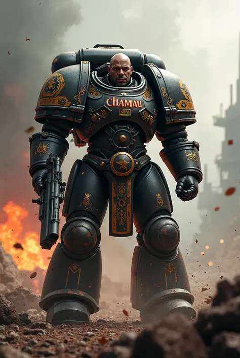 Un space marine avec look badass avec le nom "Chamau" sur son armure. De l'univer warhammer 40000