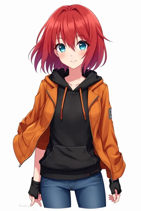 I'm Akako Aikawa, a girl with short red hair and blue eyes, wearing jeans, an orange jacket and black hoodie that does not cover the front of hair, gloves that do not cover the fingers