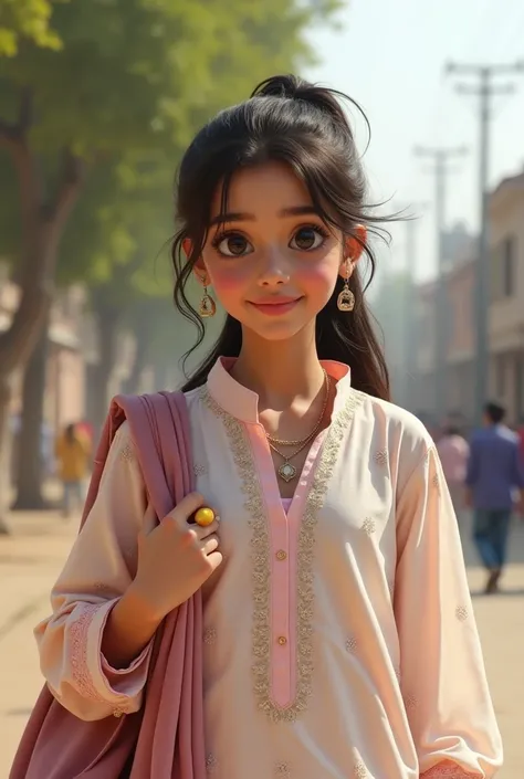 "Create a realitic of a hot
 14-year-old Pakistani girl. She has medium-length dark hair, styled in a casual ponytail. Her skin tone is warm brown, and her eyes are expressive and bright. She’s wearing a traditional shalwar kameez in light pastel colors wi...