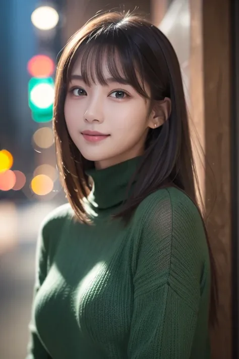 one 19 year old girl, (Dark green turtleneck thin sweater), Raw photo, highest quality, photorealistic, very delicate and beautiful, very detailed, 8K wallpaper, High resolution, soft light, very detailed目と顔, beautifully detailed nose, detailed and beautif...