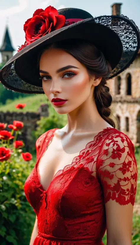 In detail with wet mascara, photography of a beautiful European woman is exquisitely standing on the viewer with her eyes, with a perfect face, she has red lips, dressed in a red lace dress, on her head a black vintage hat. Ancient abandoned mansion, struc...