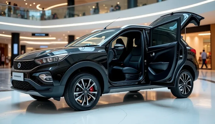 
A photo of the Open the door inside side side view of a Black 2025 Tata Nexon with a sleek, full modified, modern design. The car is parked on a white surface. The background is a shopping mall with white lights. The photo reveals the luxurious interior. ...