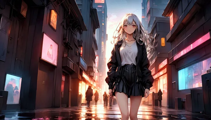 Casual fashion, young woman in mini skirt standing, neon city at night. Cyberpunk. Full body, embracing the cold air with a pensive look, she feels both anxious and strong. There is a look of determination on her face. The soft and delicate shading gives a...