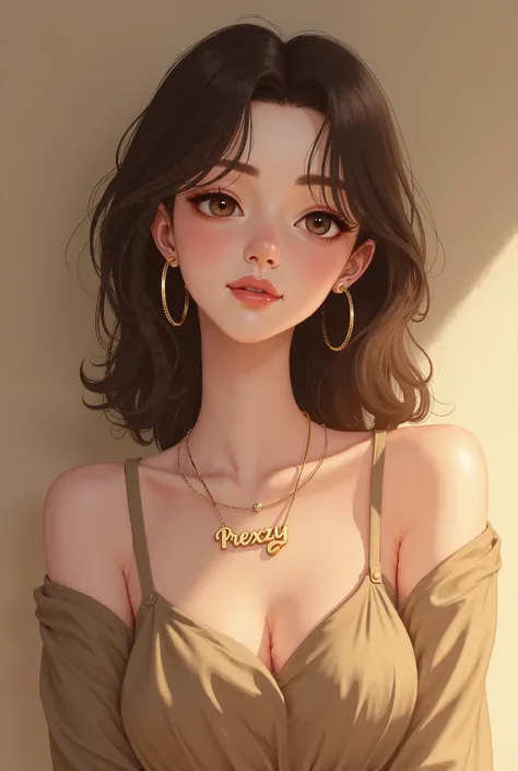 Girl that has name "Prexzy" in the necklace. the hair color is milk brown and the clothes is khaki. the background is latte. 
