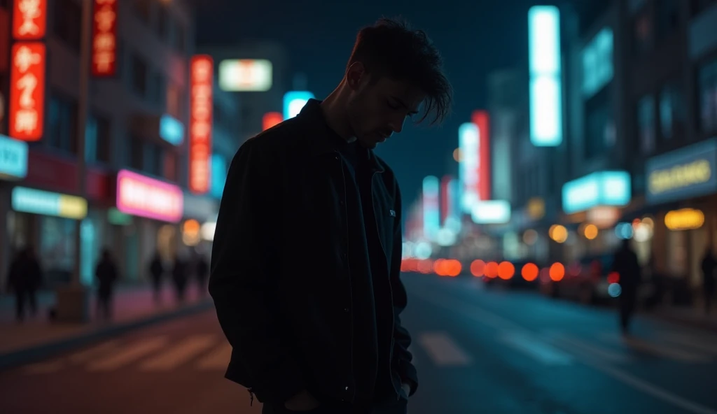 Design a cinematic music thumbnail in a minimalist, aesthetic. The background features busy neon street, the time is night time. A silhouette of a man stands in the foreground, slightly tilted upward, wearing a modern outfit. The figure's posture conveys a...