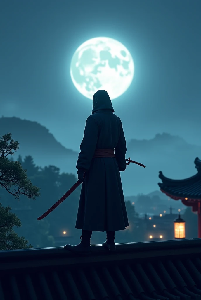 A ninja on a roof, chinese style, night, full moon, 