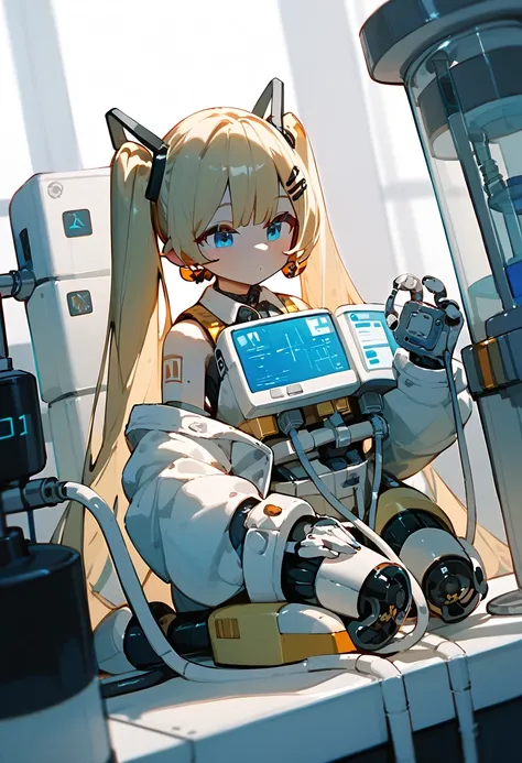 inanimate。 Cyber。Machine Girl。Robo-arm。The location is the laboratory 。 Machine Body 。 cable connection。body