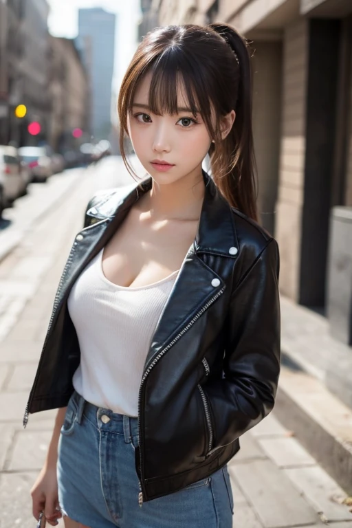  One girl , Alone, face,  portrait,  long hair,  ponytail, Blonde,  green eyes,  Big Breasts , (black leather jacket:1.2) ,  clevis on a stone,  School,  blanking in the heart of the city,  stares at viewers, 