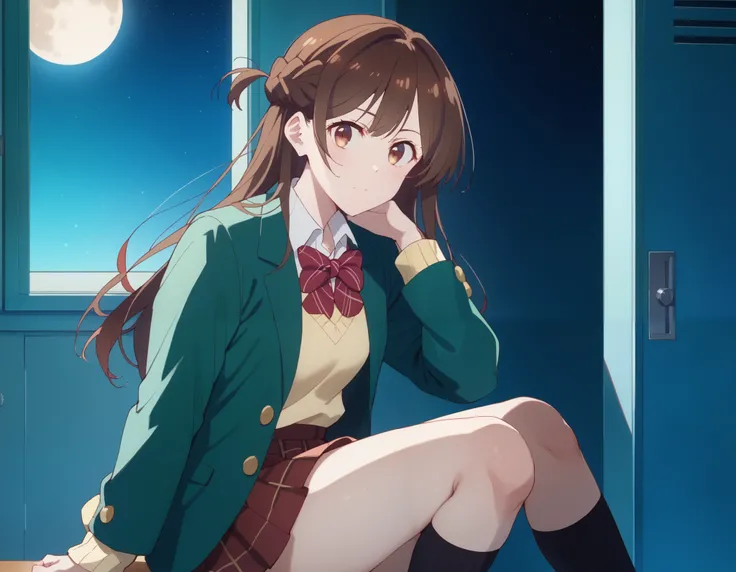  and stare at the viewer, Alone, Chizuru Ichinose, 1 girl, brown hair, long hair, French Braid , brown eyes,  school uniform , green jacket, yellow sweater , bow tie,  plaid skirt that breaks small breasts, red skirt,  Black Sox, In a completely dark room,...
