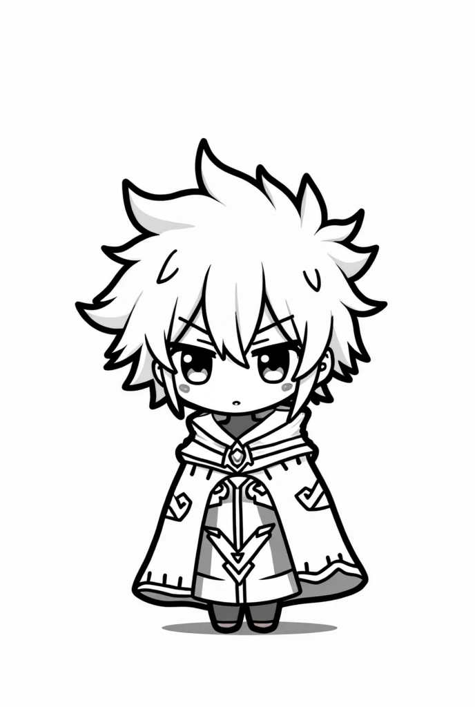 A black and white vector illustration of a chibi-style anime character with messy hair, wearing a cloak with intricate patterns. The character has a neutral expression, with simplified facial features and thick black outlines, minimal shading, and a clean,...