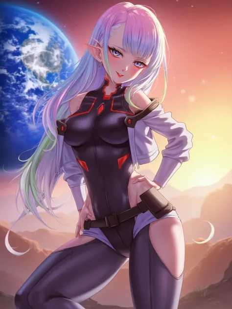 1girl, solo, planet, earth \(planet\), multicolored hair, blue eyes, looking at viewer, breasts, jacket, bare shoulders, leotard, off shoulder, 1girl, solo, multicolored hair, asymmetrical hair, colored eyelashes, eyeshadow under eye, gradient hair, lipsti...