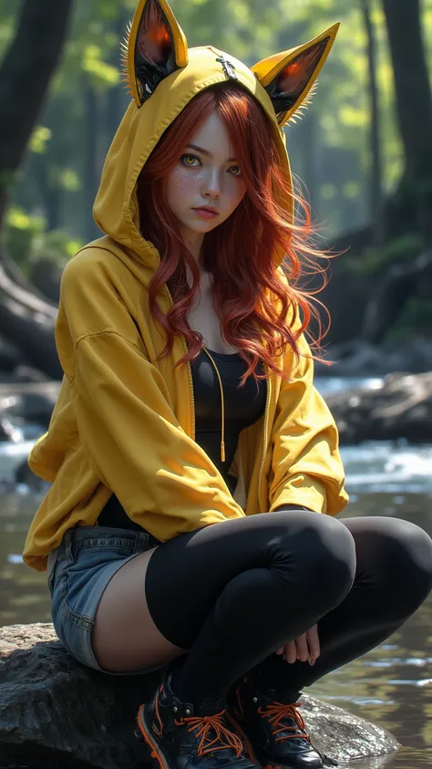 (Exquisite :1.4)， 8k Resolution Image ，reality， original photo，Girl Portrait，Feminization，beauty，red hair， Animal Ears， Yellow Hooded Cloak ，denim shorts， Black Leggings ， Thighs ， Animal Ears露出，posture： Sitting on a Stone in a Forest Stream， yellow eyes 