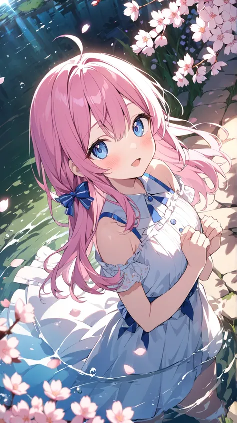 garden、cherry blossoms、Trees、Large pond 、 1 girl,  blue eyes、 pink hair、How hair flutters in the wind、Looking up、 play at the water's edge 、水面にたくさんのcherry blossomsの花びらが落ちている、 Dutch angle 、 widescreen、 background blur,  lens flare, 