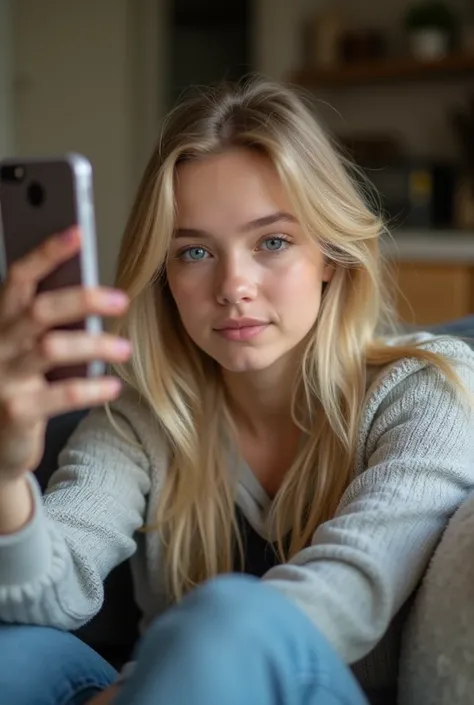 Create a photo of a person between 18 and 25 years old ,  Blue-eyed blonde taking a selfie on the couch