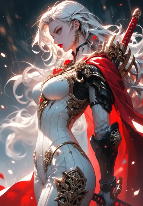 mythp0rt, 1girl, sexy, white eyes, no pupils, red lips, white hair, very long hair, small tits, (thick thighs), evil, power armor, mechanical armor, long red cape, holding a large oversized sword, side view, dungeons and dragons, goddess, (sword planted, h...