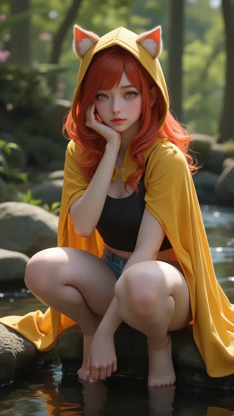 (Exquisite :1.4)， 8k resolution image ，reality， original photo，Girl Portrait，Feminization，beauty，red hair， Animal Ears，Yellow hooded cape ，denim shorts， black tank top ， Thighs ， Animal Ears露出，posture： sitting on a stone in a forest stream， yellow eyes 