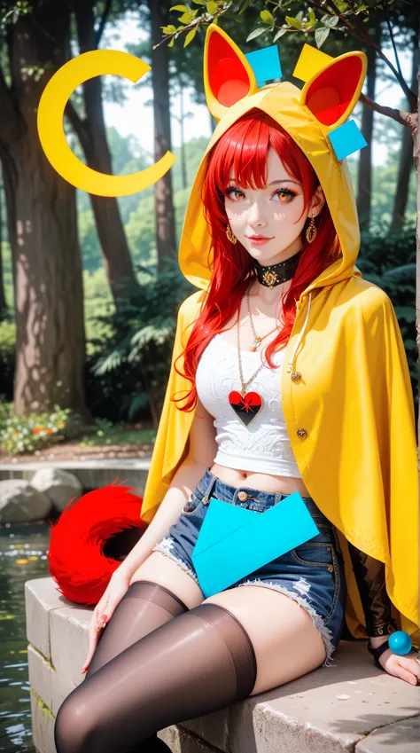 (Exquisite :1.4)， 8k Resolution Image ，reality， original photo，Girl Portrait，Feminization，beauty，red hair， Animal Ears， Yellow Hooded Cloak ，denim shorts， Black Leggings ， Thighs ， Animal Ears露出，posture： Sitting on a Stone in a Forest Stream， yellow eyes 