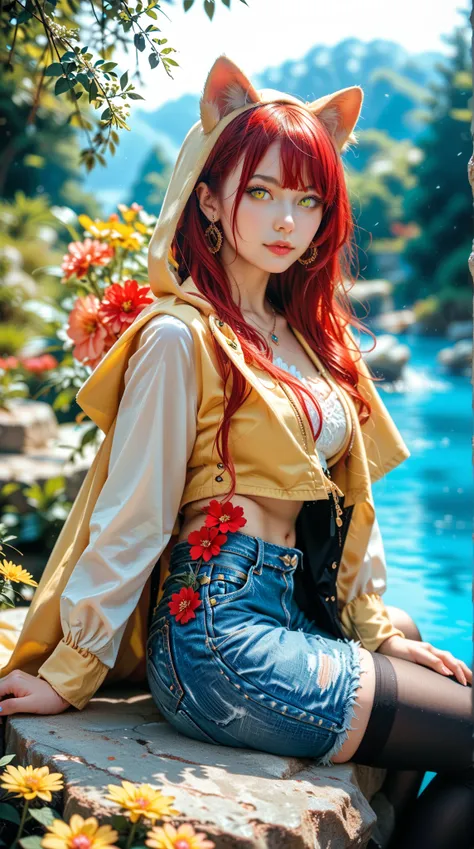 (Exquisite :1.4)， 8k Resolution Image ，reality， original photo，Girl Portrait，Feminization，beauty，red hair， Animal Ears， Yellow Hooded Cloak ，denim shorts， Black Leggings ， Thighs ， Animal Ears露出，posture： Sitting on a Stone in a Forest Stream， yellow eyes 