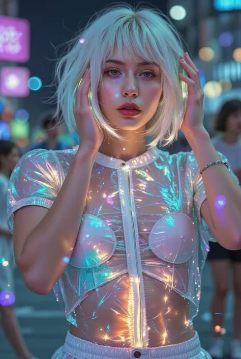 ((masterpiece)), one girl, ((white blue ban hair)), (wearing futuristic clothing:1.4), ((headphones on)), neon lights, crowded city, cold atmosphere, cinematic