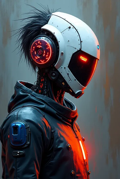 "Create an expressionist painting of a futuristic helmet robot with a striking, intricate cybernetics monkey mask featuring mechanical details and a unique hairstyle. urban style. Use bold, expressive brush strokes to evoke emotion, incorporating a palette...