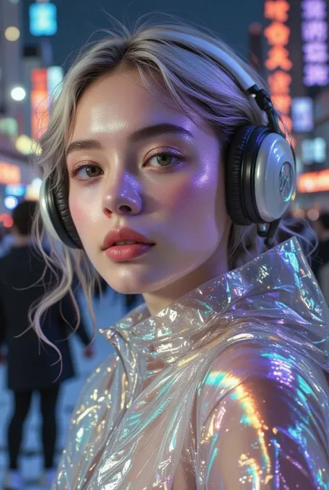 ((masterpiece)), one girl, ((white blue bun hair)), (wearing futuristic clothing:1.4), ((wearing headphones)), neon lights, crowded city, cold atmosphere, cinematic