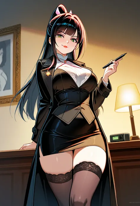 Here’s a vivid, detailed description for your anime image:

---

**"A stunning female Soviet Union spy with a seductive yet dangerous aura stands in a dimly lit 1960s Cold War safehouse. She has a curvy, voluptuous figure with thick, toned thighs accentuat...