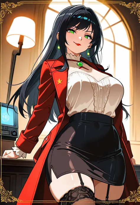 Here’s a vivid, detailed description for your anime image:

---

**"A stunning female Soviet Union spy with a seductive yet dangerous aura stands in a dimly lit 1960s Cold War safehouse. She has a curvy, voluptuous figure with thick, toned thighs accentuat...