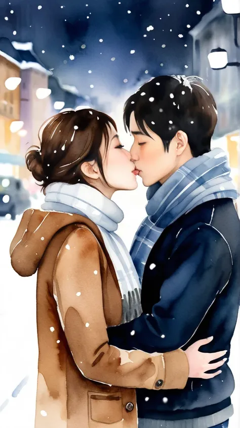 two super slim Japanese beauties, deep kiss, winter cityscape, short black hair, long brown hair, cozy winter clothes, scarves, falling snow, visible breath, blurred city lights, romantic atmosphere, watercolor painting, soft brushstrokes, muted tones, emo...