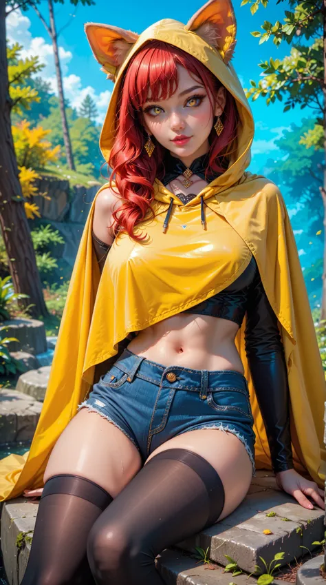 (Exquisite :1.4)， 8k Resolution Image ，reality， original photo，Girl Portrait，Feminization，beauty，red hair， Animal Ears， Yellow Hooded Cloak ，denim shorts， Black Leggings ， Thighs ， Animal Ears露出，posture： Sitting on a Stone in a Forest Stream， yellow eyes 